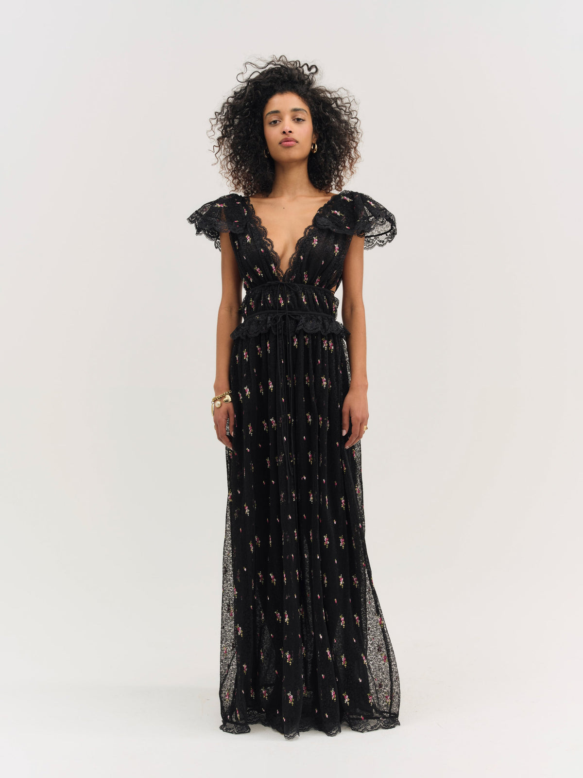 Poppy Pleated Lace Maxi Dress Black - For Love & Lemons