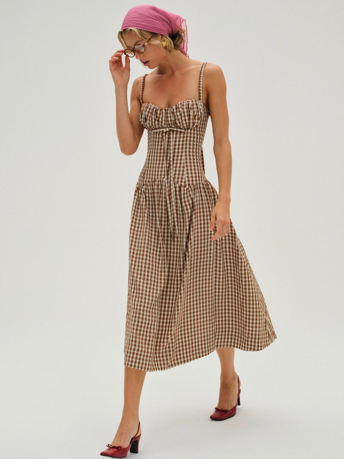 Gingerbread Gingham Midi Dress Brown - For Love & Lemons