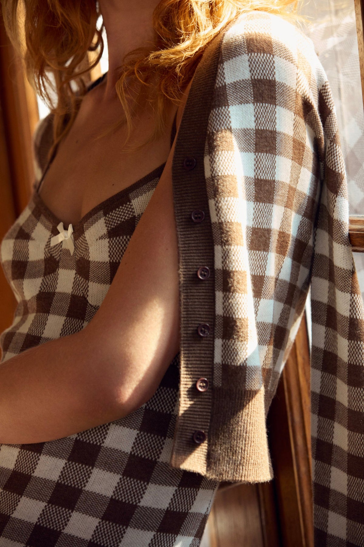 Gingham Knit Cardigan Brown - For Love & Lemons