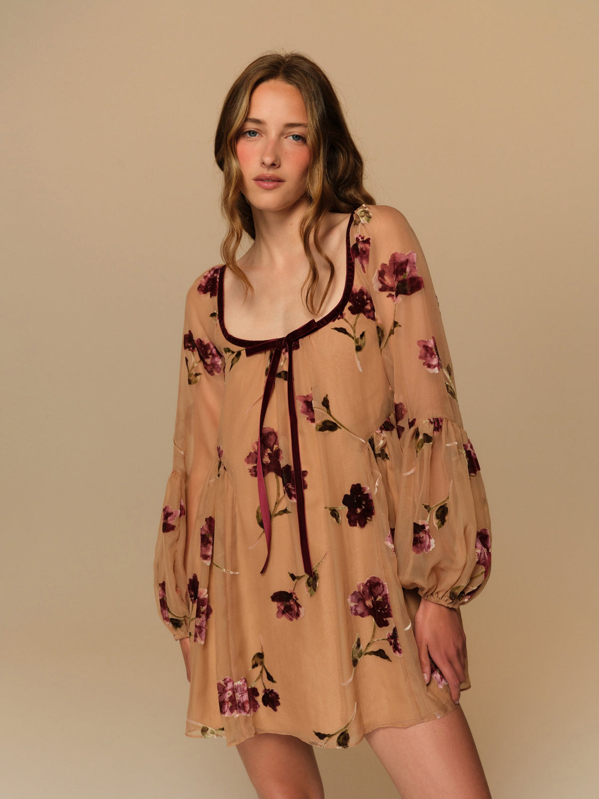 Flora Velvet Mini Dress Tan - For Love & Lemons