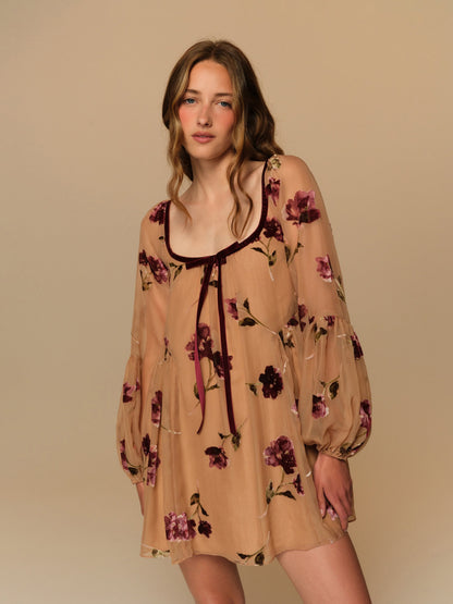 Flora Velvet Mini Dress Tan - For Love & Lemons