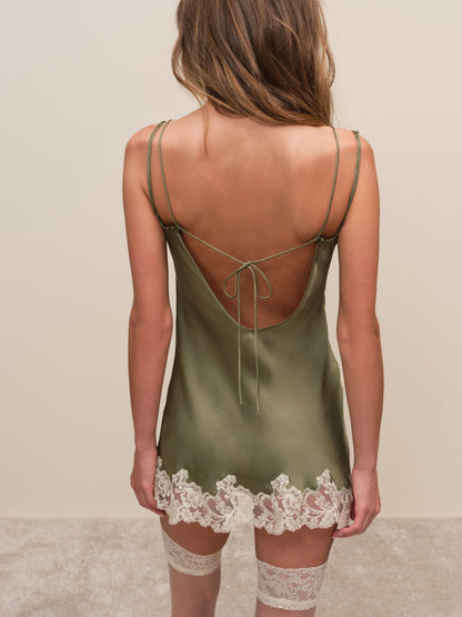Nightfall Satin Slip Dress Olive - For Love & Lemons