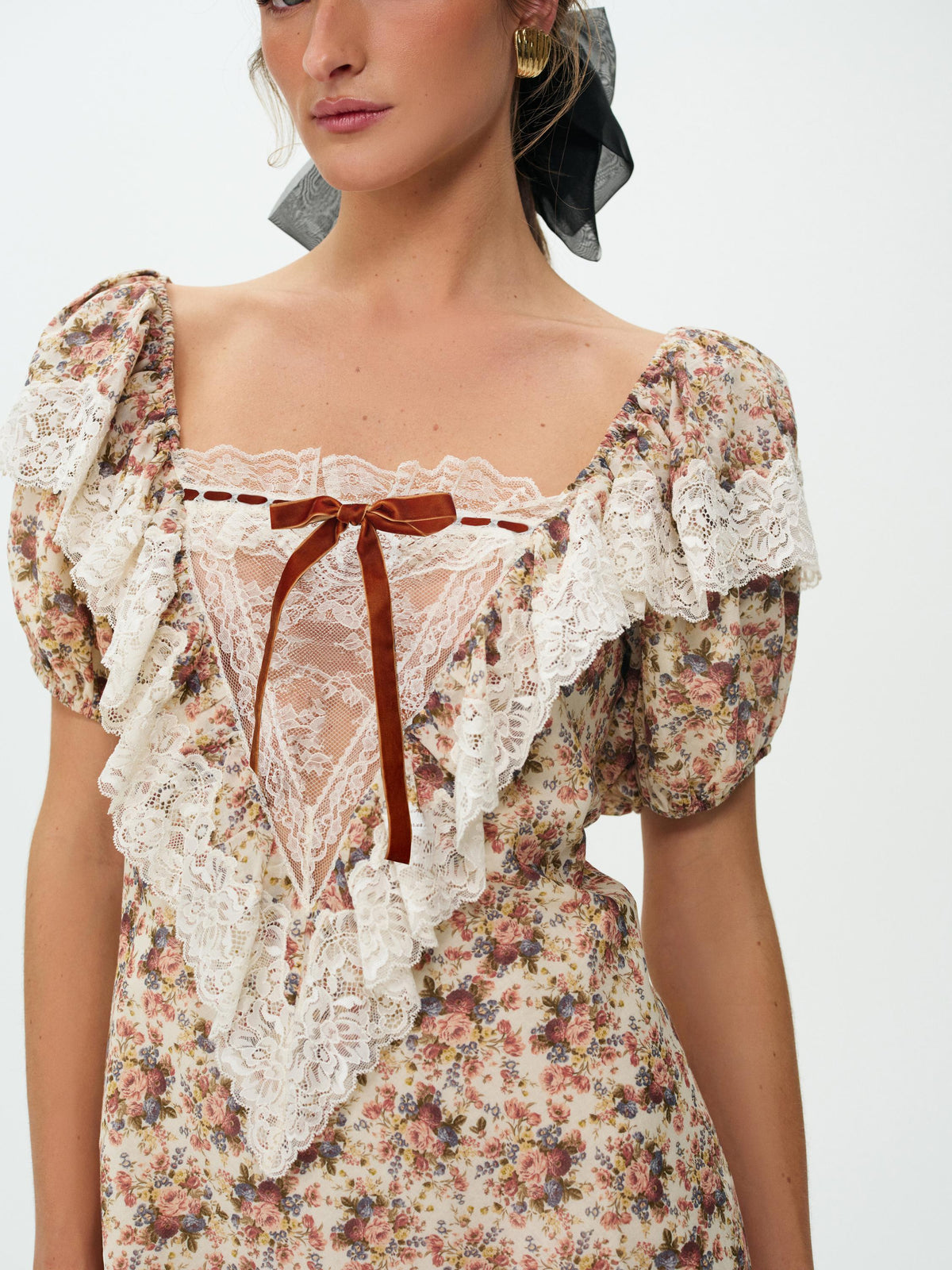 Betsy Floral Mini Dress Cream Brown - For Love & Lemons