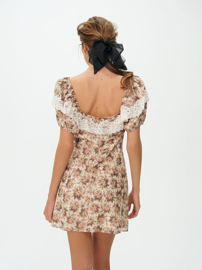 Betsy Floral Mini Dress Cream Brown - For Love & Lemons