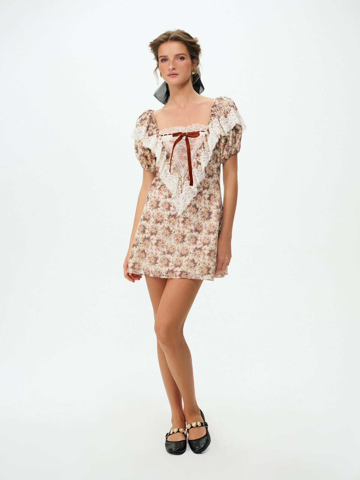 Betsy Floral Mini Dress Cream Brown - For Love & Lemons