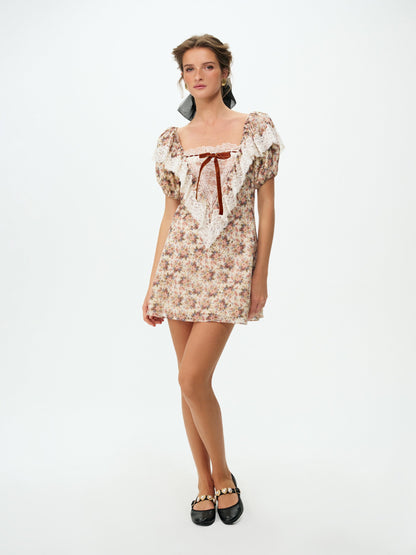 Betsy Floral Mini Dress Cream Brown - For Love & Lemons