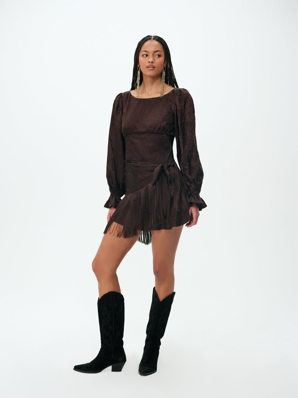Sierra Fringe Mini Dress Dark Brown - For Love & Lemons
