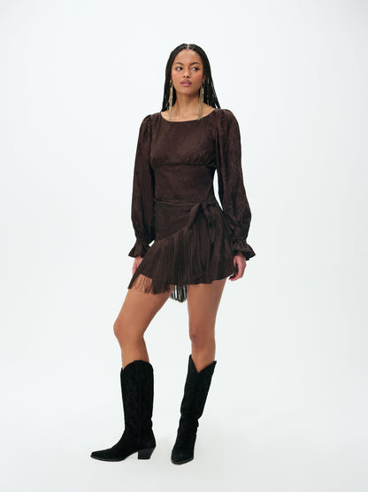 Sierra Fringe Mini Dress Dark Brown - For Love & Lemons