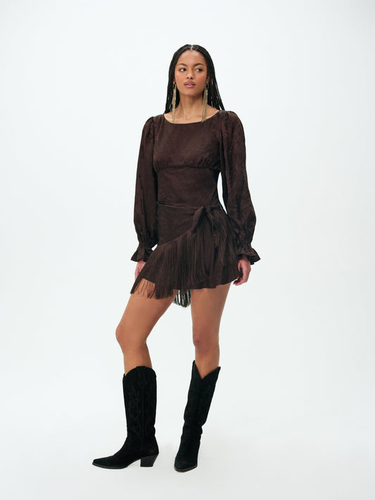 Sierra Fringe Mini Dress Dark Brown - For Love & Lemons