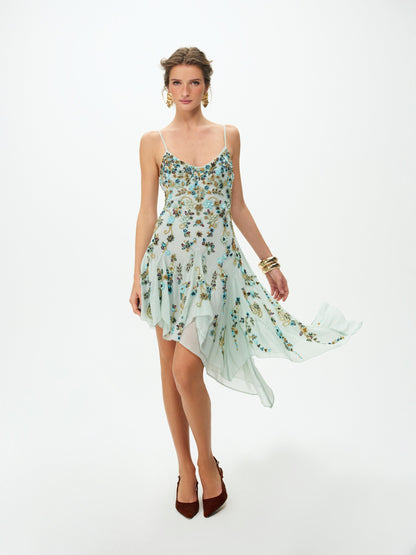Tiffiany Asymmetrical Beaded Mini Dress Sage - For Love & Lemons