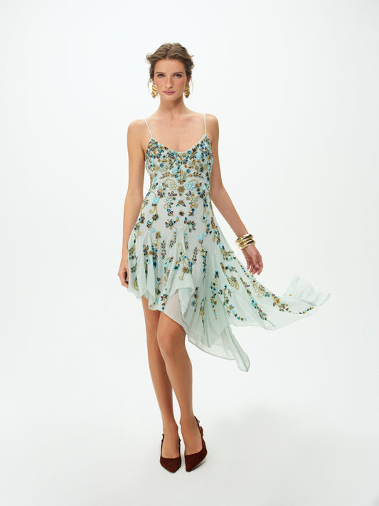 Tiffiany Asymmetrical Beaded Mini Dress Sage - For Love & Lemons