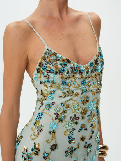 Tiffiany Asymmetrical Beaded Mini Dress Sage - For Love & Lemons