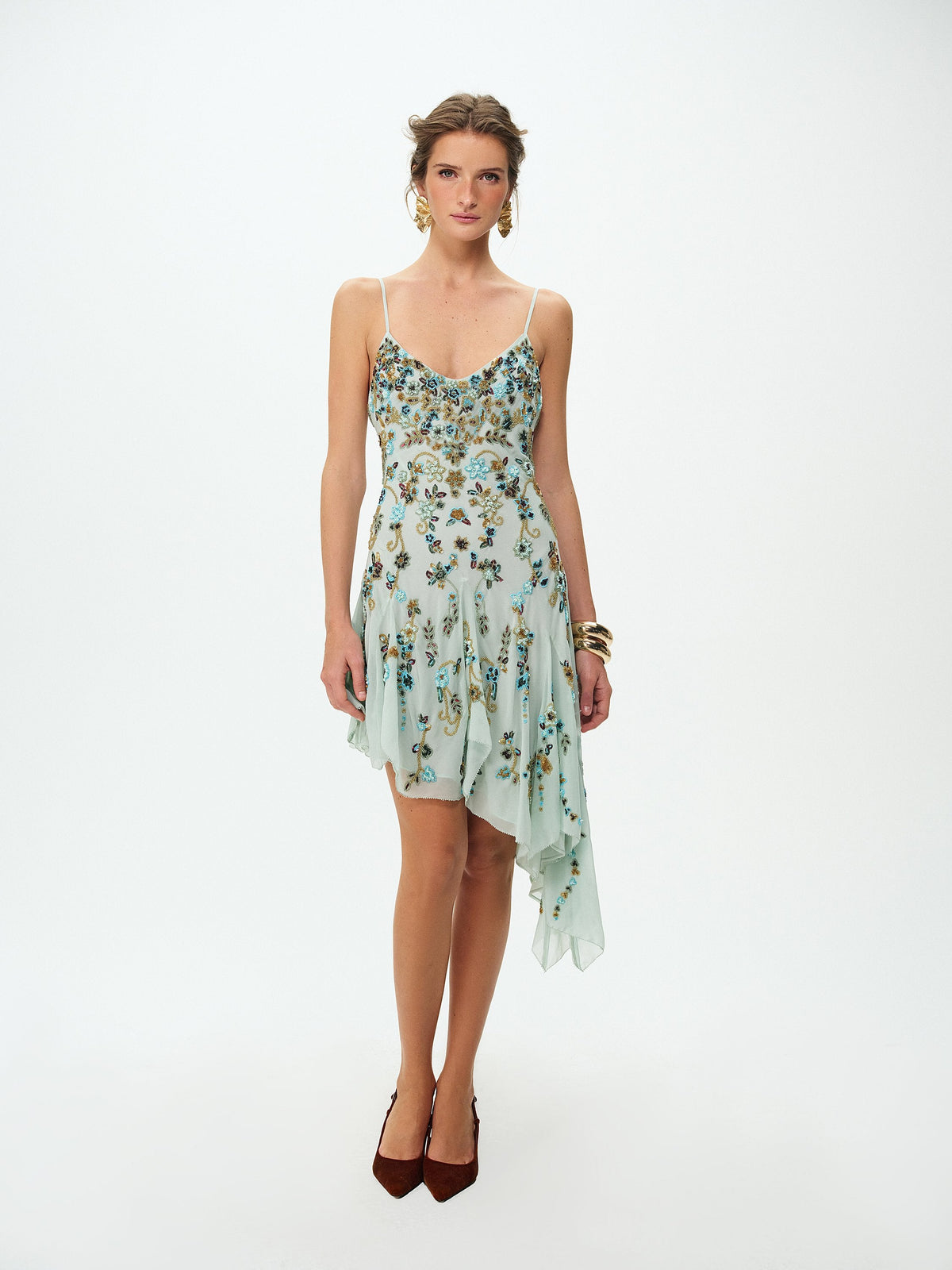 Tiffiany Asymmetrical Beaded Mini Dress Sage - For Love & Lemons