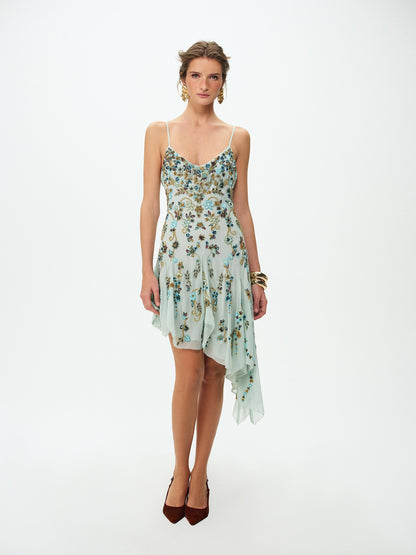 Tiffiany Asymmetrical Beaded Mini Dress Sage - For Love & Lemons