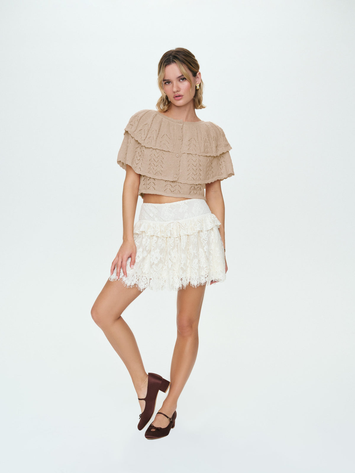 Evelyn Crochet Tank and Ruffle Cape Taupe - For Love & Lemons