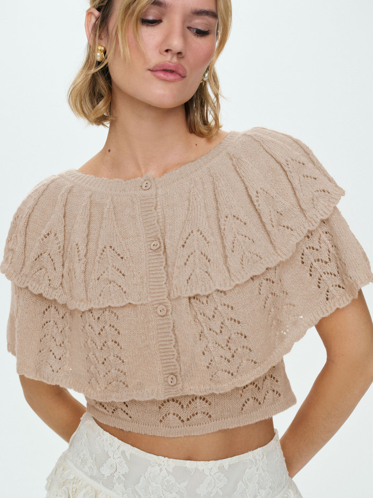 Evelyn Crochet Tank and Ruffle Cape Taupe - For Love & Lemons