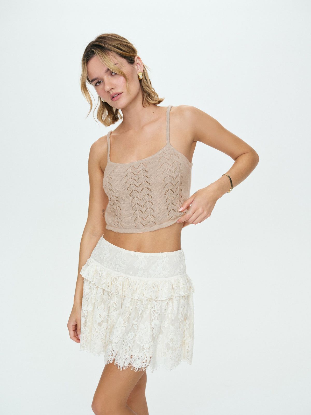 Evelyn Crochet Tank and Ruffle Cape Taupe - For Love & Lemons