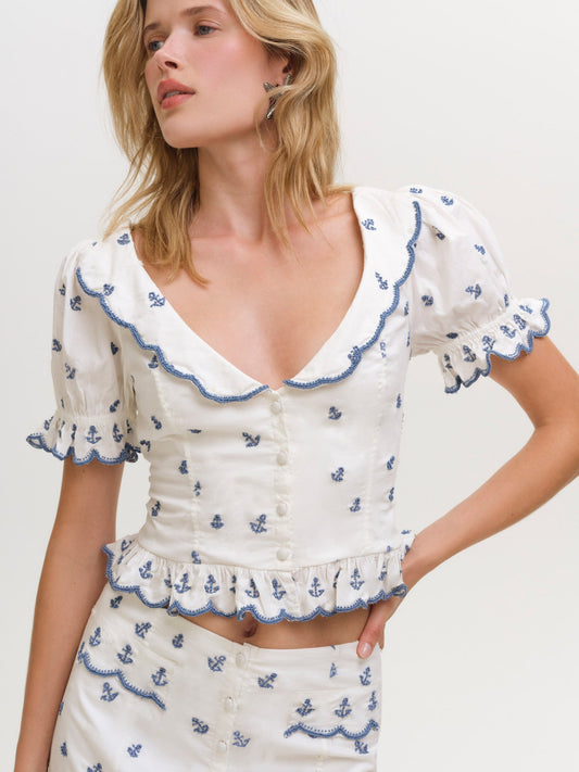 Beaded Anchors Top White Blue - For Love & Lemons