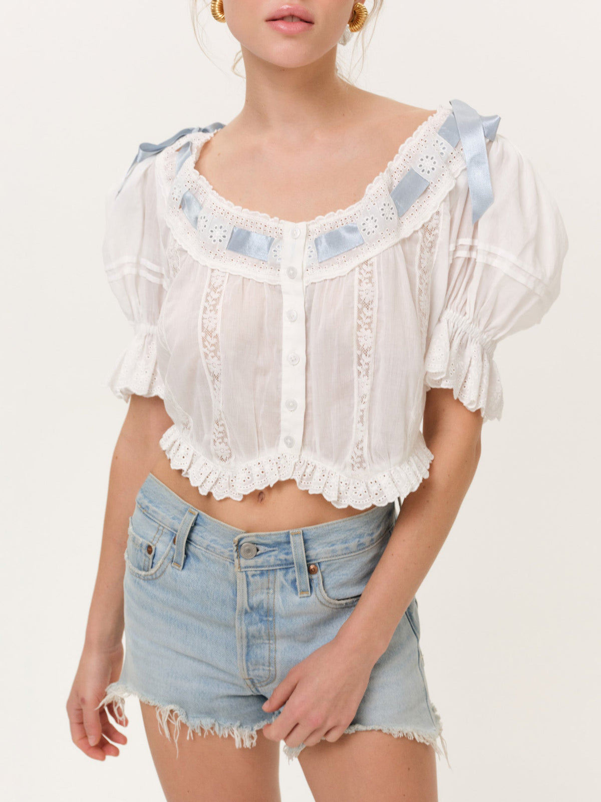 Fable Top White Blue - For Love & Lemons