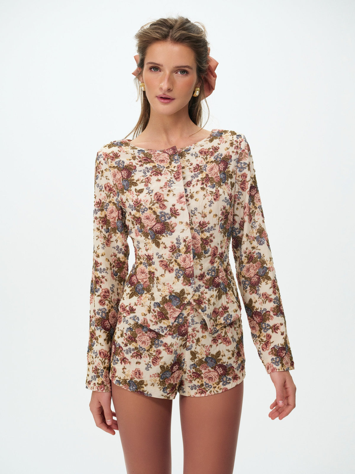 Betsy Floral Beaded Shorts Cream Brown - For Love & Lemons