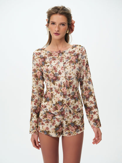 Betsy Floral Beaded Shorts Cream Brown - For Love & Lemons