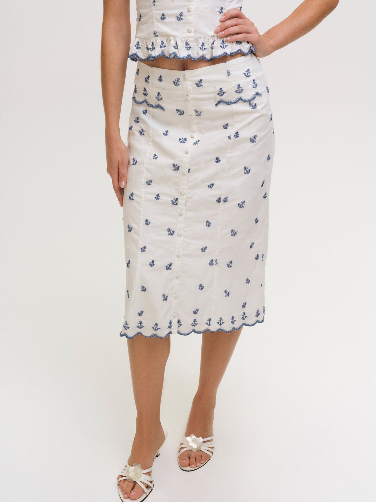 Beaded Anchors Midi Skirt White Blue - For Love & Lemons