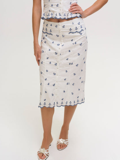 Beaded Anchors Midi Skirt White Blue - For Love & Lemons