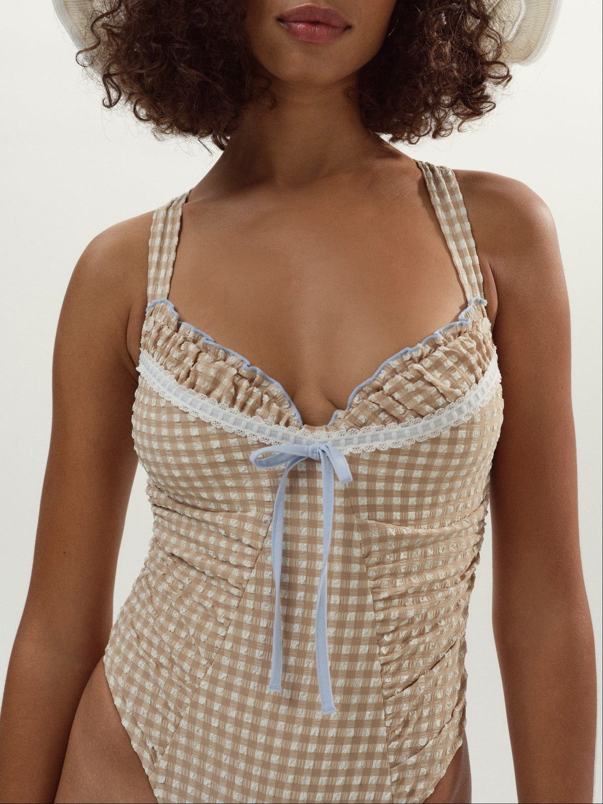 Puckered Gingham One Piece Tan - For Love & Lemons