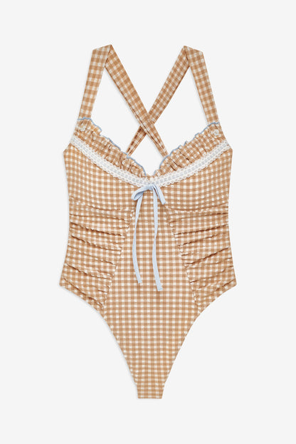 Puckered Gingham One Piece Tan - For Love & Lemons