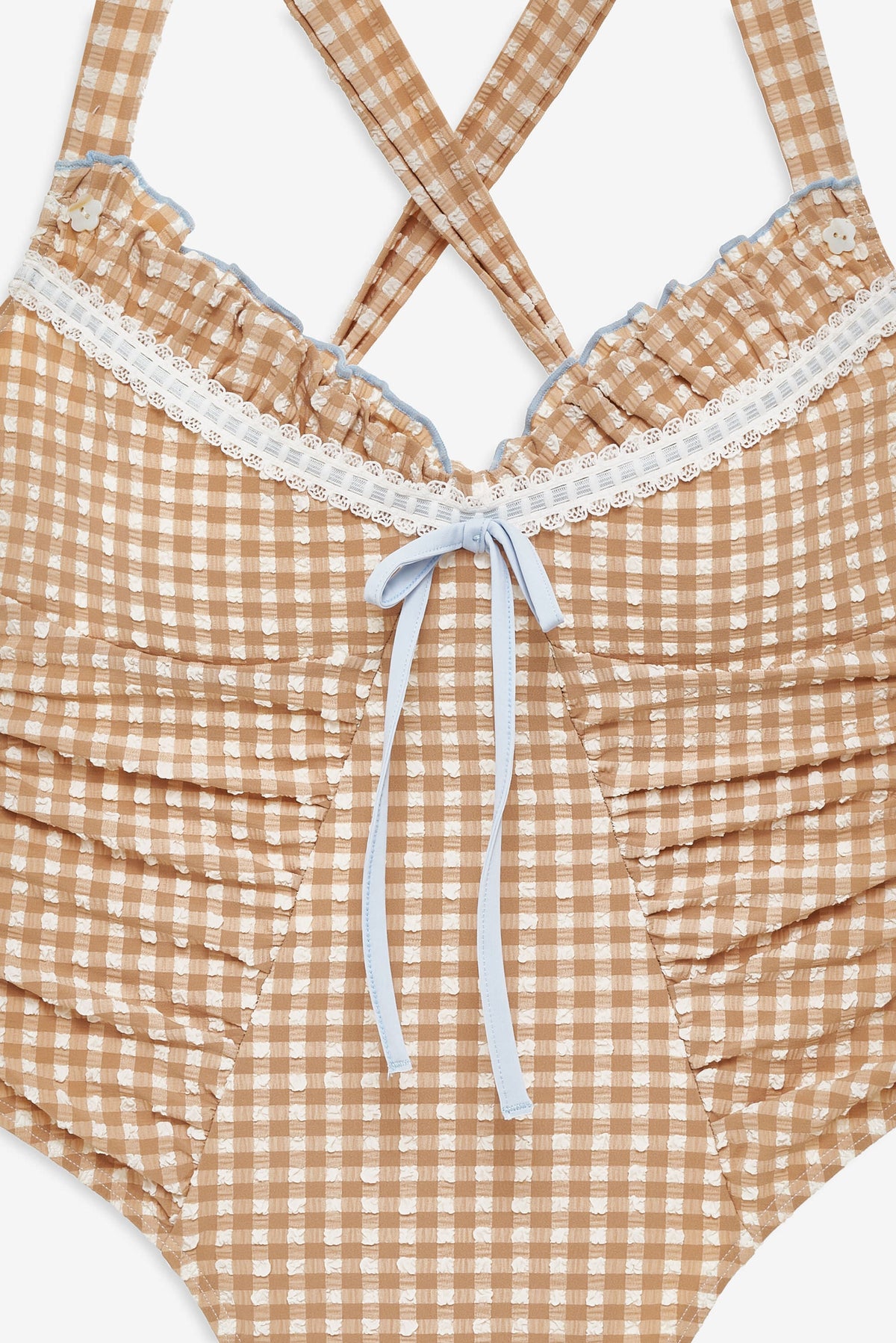 Puckered Gingham One Piece Tan - For Love & Lemons