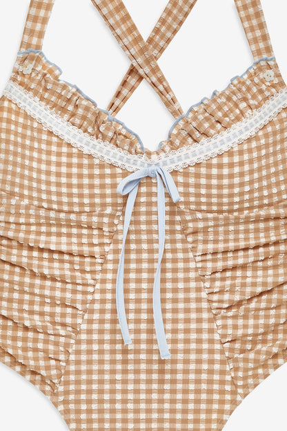 Puckered Gingham One Piece Tan - For Love & Lemons