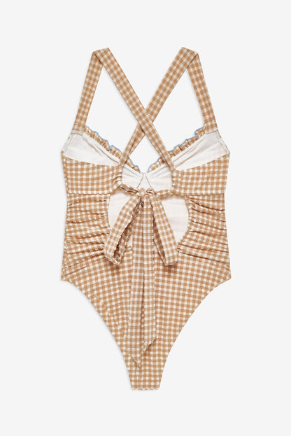 Puckered Gingham One Piece Tan - For Love & Lemons