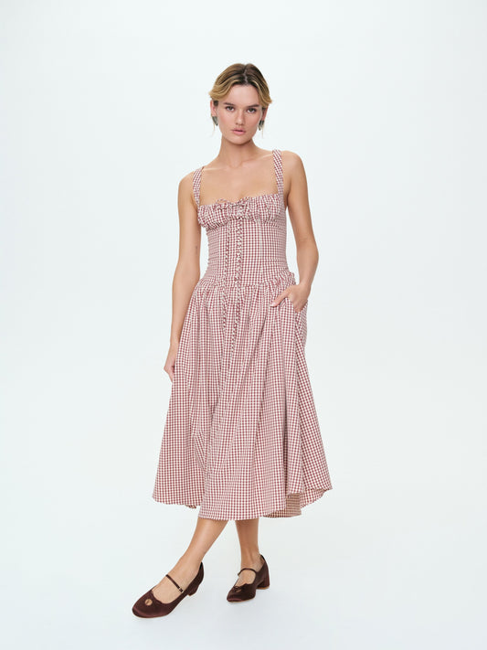 Annie Gingham Midi Dress Burgundy - For Love & Lemons