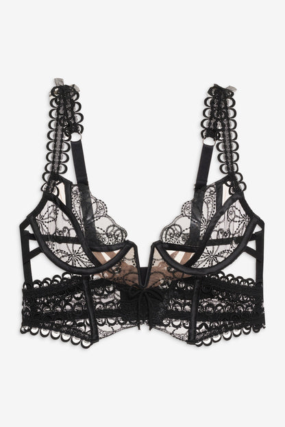Swirly Floral Embroidered Bustier Noir - For Love & Lemons