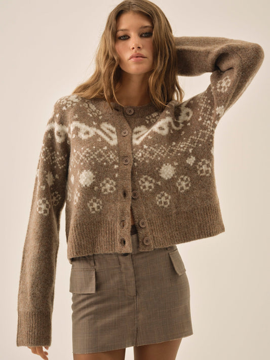 Arabella Intarsia Crewneck  Cardigan Brown - For Love & Lemons