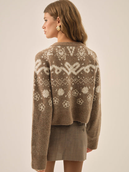 Arabella Intarsia Crewneck  Cardigan Brown - For Love & Lemons