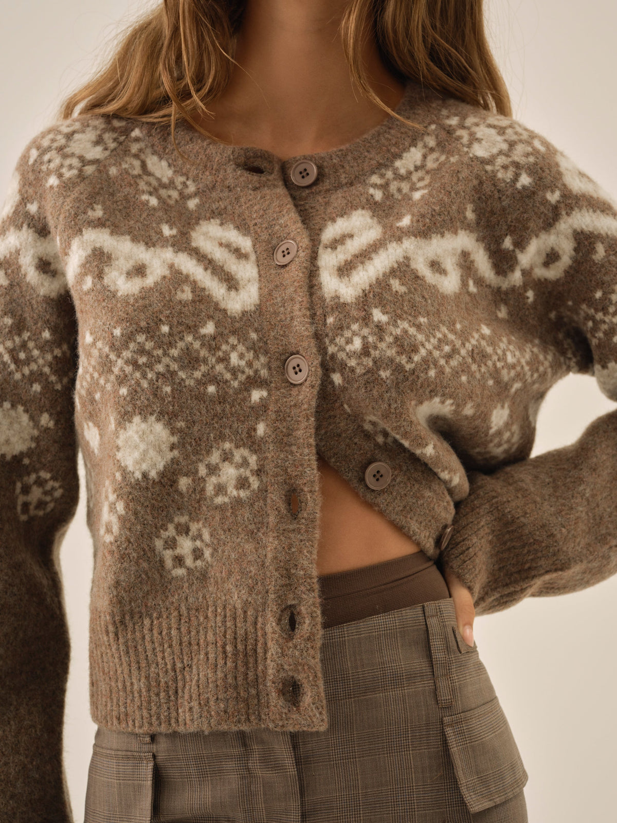 Arabella Intarsia Crewneck  Cardigan Brown - For Love & Lemons