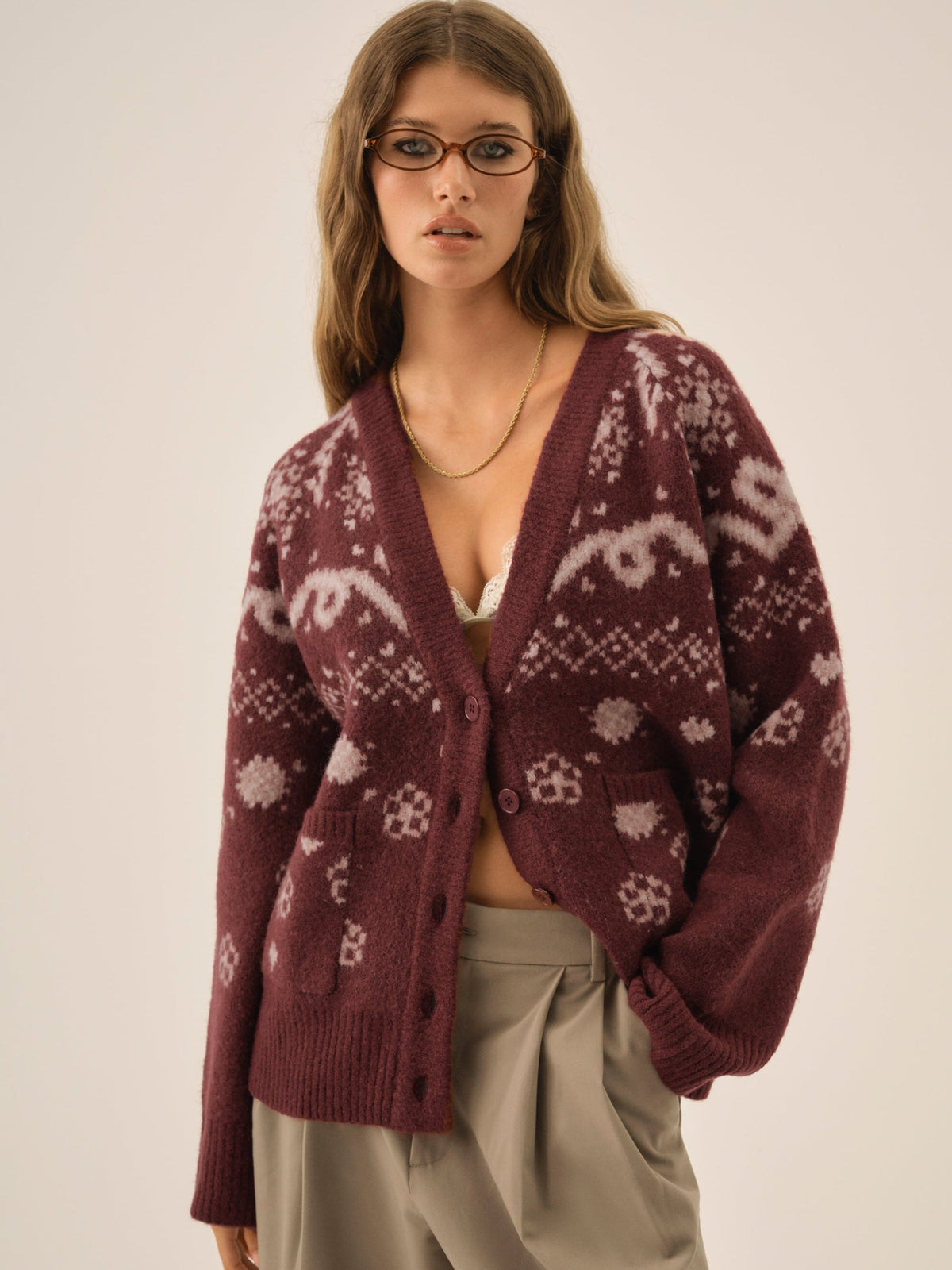 Arabella Intarsia Chunky Cardigan Mauve - For Love & Lemons
