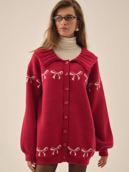 Bow Intarsia Knit Sweater Red - For Love & Lemons