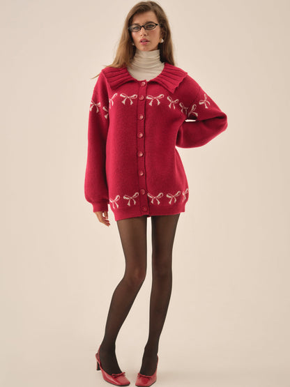 Bow Intarsia Knit Sweater Red - For Love & Lemons