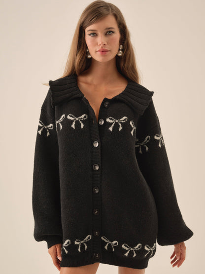 Bow Intarsia Knit Sweater Black - For Love & Lemons
