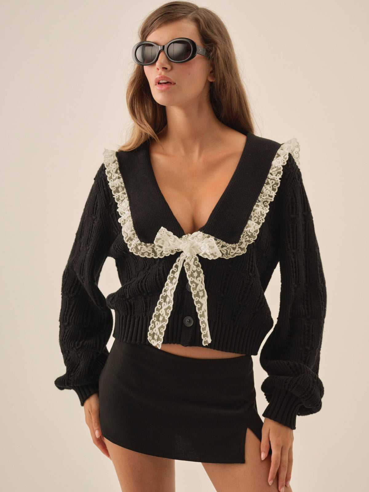 Frenchy Pointelle Knit Cardigan Black - For Love & Lemons