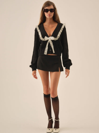 Frenchy Pointelle Knit Cardigan Black - For Love & Lemons