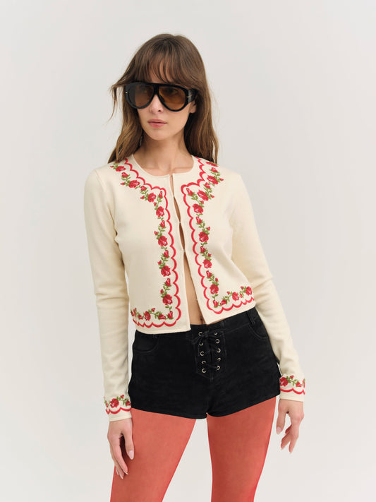 Rose Waltz Scalloped Knit Cardigan Cream - For Love & Lemons