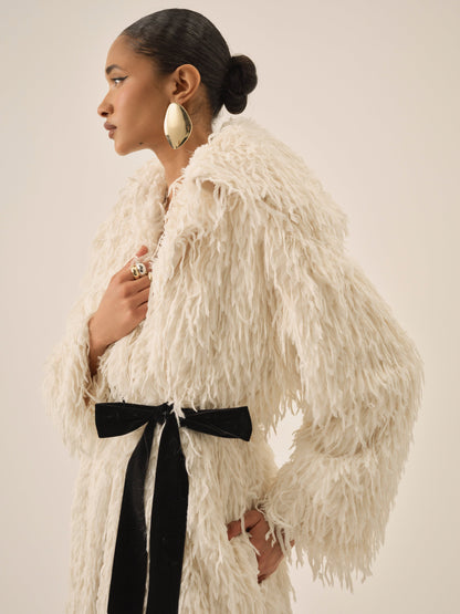 Ruffle Faux Feather Coat Cream - For Love & Lemons