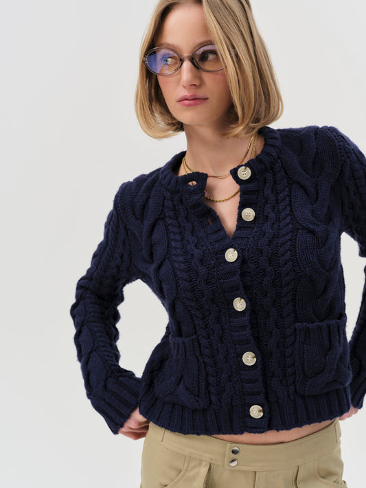 Emily Cable Knit Cardigan Navy - For Love & Lemons