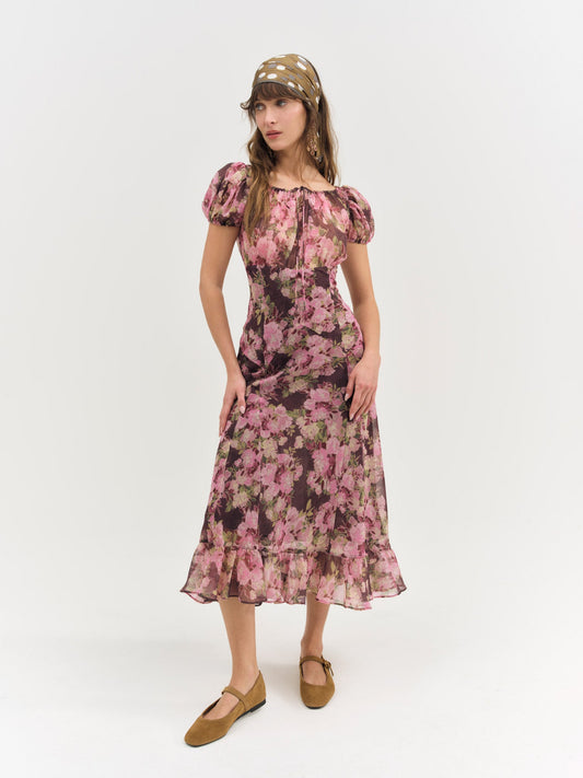 Adeline Floral Midi Dress Brown - For Love & Lemons
