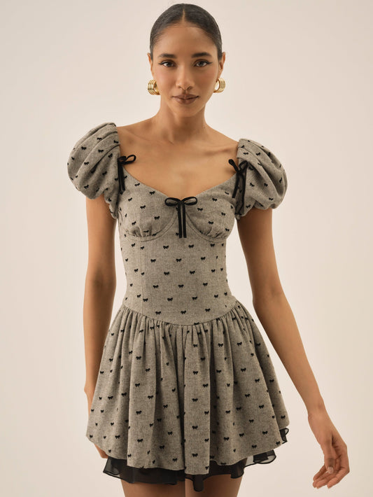 Twill Bow Mini Dress Grey - For Love & Lemons
