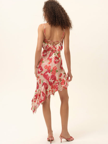Cupid Dot Asymmetrical Midi Dress Red - For Love & Lemons