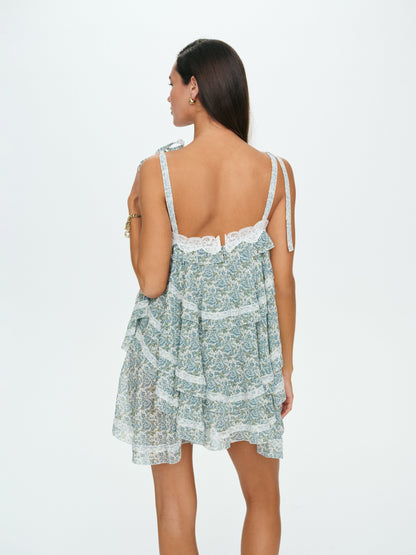Juniper Ruffle Mini Dress Dusty Blue - For Love & Lemons
